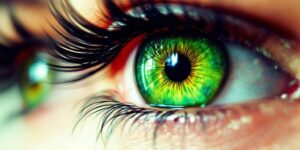 {"original_document": "Bright green eyes with intense colors and long eyelashes."}