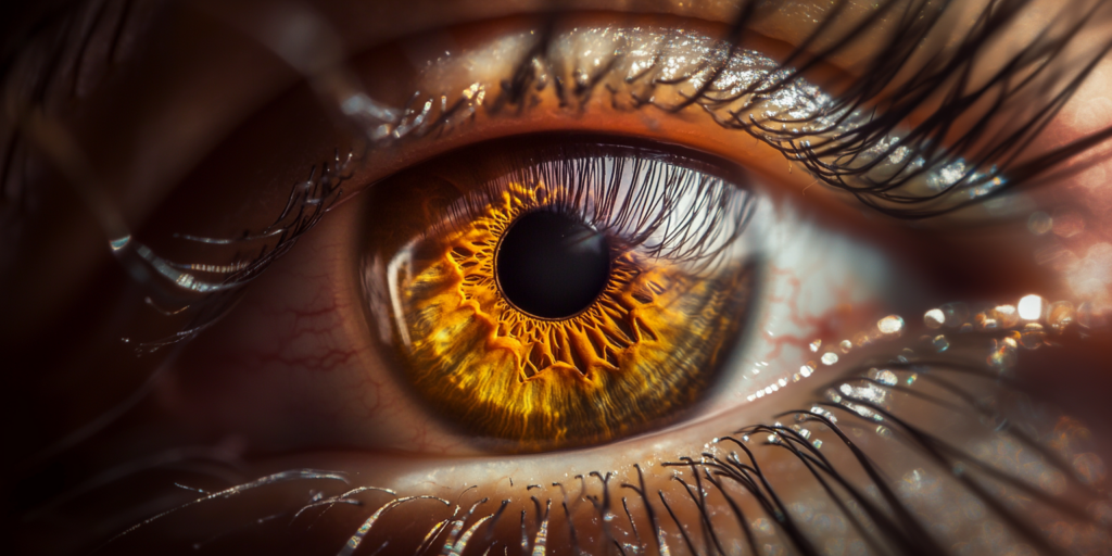 Close-up image of an amber-colored eye with detailed iris texture and vivid golden and orange tones.